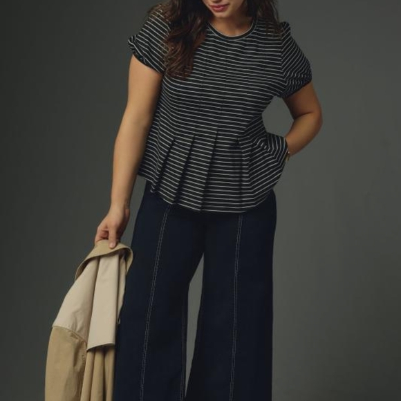 Maeve by Anthropologie Corset Peplum Top Womens Green Stripe Coquette Size S - Picture 2 of 9